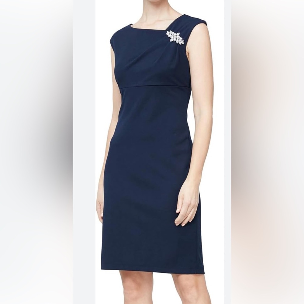 SLNY Navy Midi Dress with Embellished Shoulder